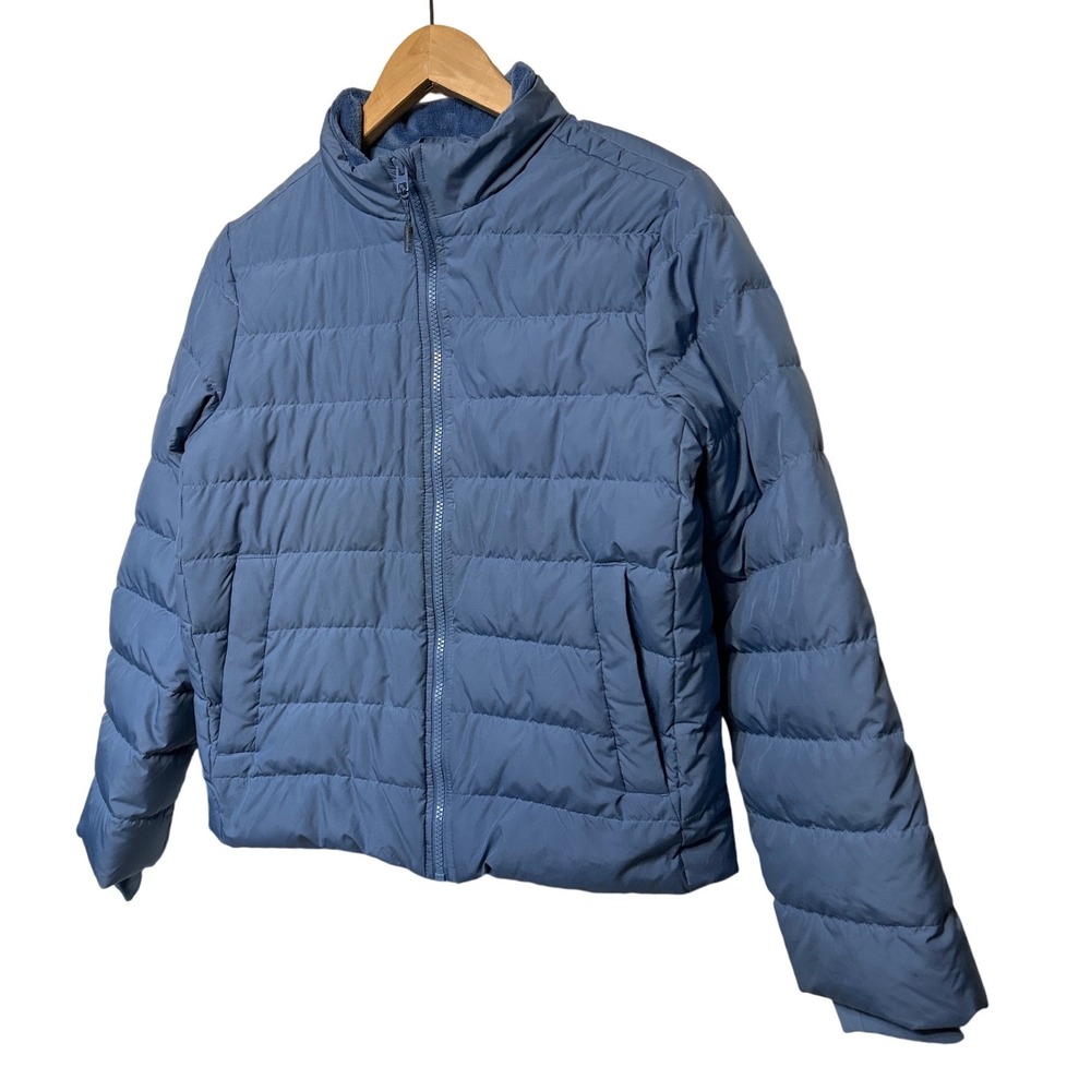 Athleta Girl Down Puffer Jacket Steel Blue Fleece Lined Collar Kids Size XL 14